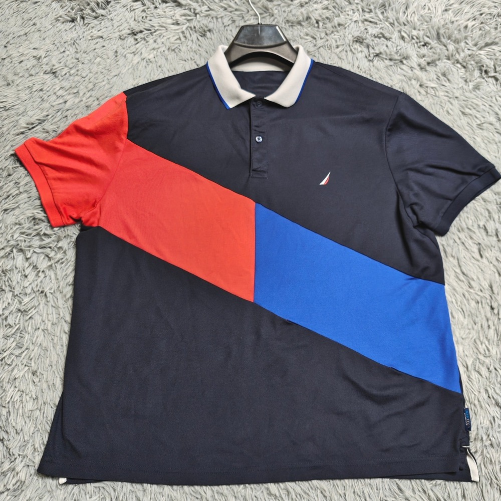 Nautica Navtech Polo Shirt Mens XL Navy Blue Red Colorblock Short Sleeve Boating